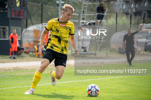 Bartosz Brzek plays in a game between Wieczysta Krakow and Pogon Grodzisk Mazowiecki in Krakow, Poland, on September 1, 2024. Polish footbal...