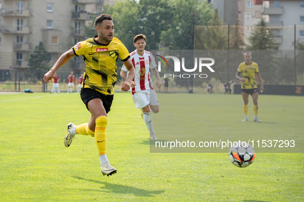 Manuel Torres plays in a game between Wieczysta Krakow and Pogon Grodzisk Mazowiecki in Krakow, Poland, on September 1, 2024. Polish footbal...