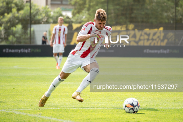 Kacper Sommerfeld plays in a game between Wieczysta Krakow and Pogon Grodzisk Mazowiecki in Krakow, Poland, on September 1, 2024. Polish foo...