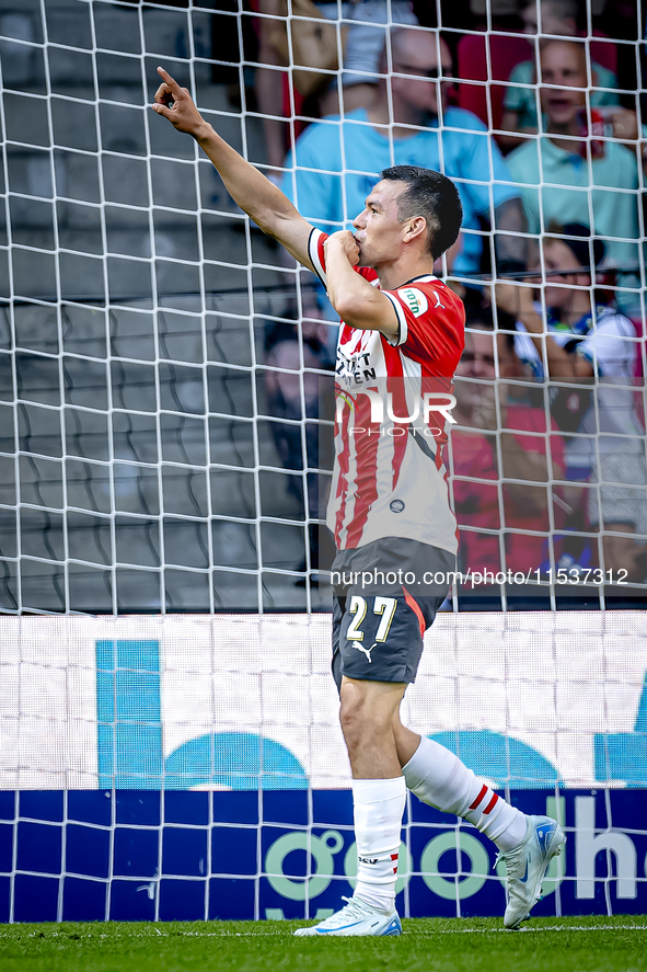 PSV player Hirving Lozano plays during the match PSV vs. Go Ahead Eagles at the Philips Stadium for the Dutch Eredivisie 4th round season 20...