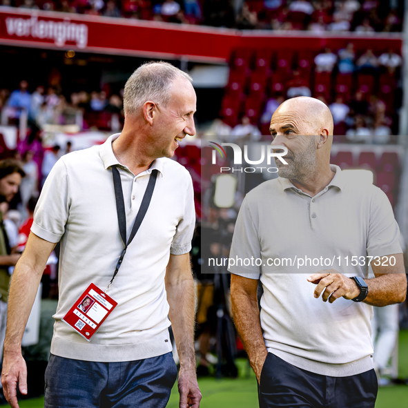 Ard Bierens and PSV trainer Peter Bosz during the match between PSV and Go Ahead Eagles at the Philips Stadium for the Dutch Eredivisie 4th...