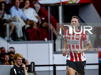 PSV player Luuk de Jong gets injured during the match PSV vs. Go Ahead Eagles at the Philips Stadium for the Dutch Eredivisie 4th round seas...