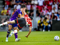 Go Ahead Eagles player Mats Deijl and PSV player Hirving Lozano during the match PSV vs. Go Ahead Eagles at the Philips Stadium for the Dutc...