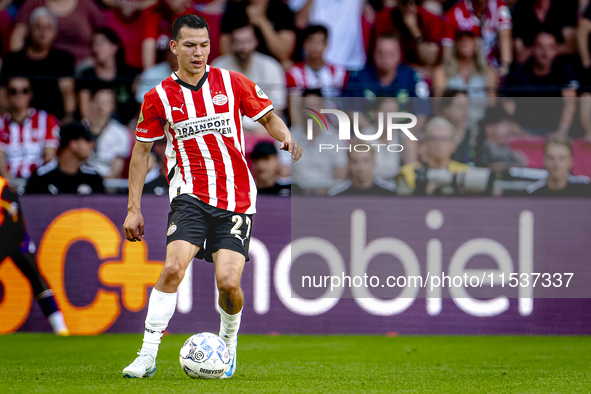 PSV player Hirving Lozano plays during the match PSV vs. Go Ahead Eagles at the Philips Stadium for the Dutch Eredivisie 4th round season 20...