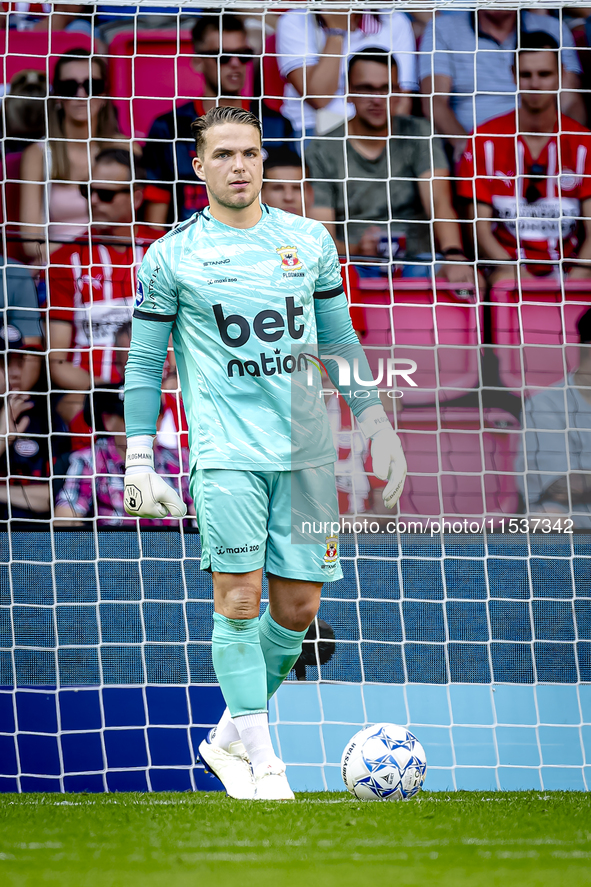 Go Ahead Eagles goalkeeper Luca Plogmann plays during the match PSV vs. Go Ahead Eagles at the Philips Stadium for the Dutch Eredivisie 4th...