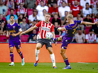 PSV player Joey Veerman and Go Ahead Eagles player Finn Stokkers during the match PSV vs. Go Ahead Eagles at the Philips Stadium for the Dut...