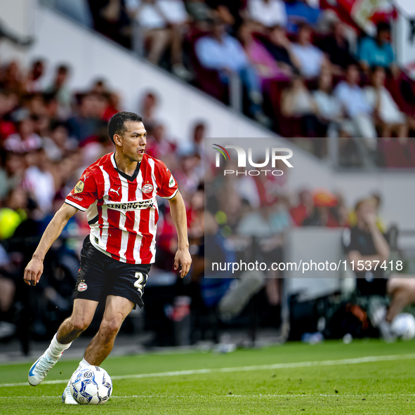 PSV player Hirving Lozano plays during the match PSV vs. Go Ahead Eagles at the Philips Stadium for the Dutch Eredivisie 4th round season 20...