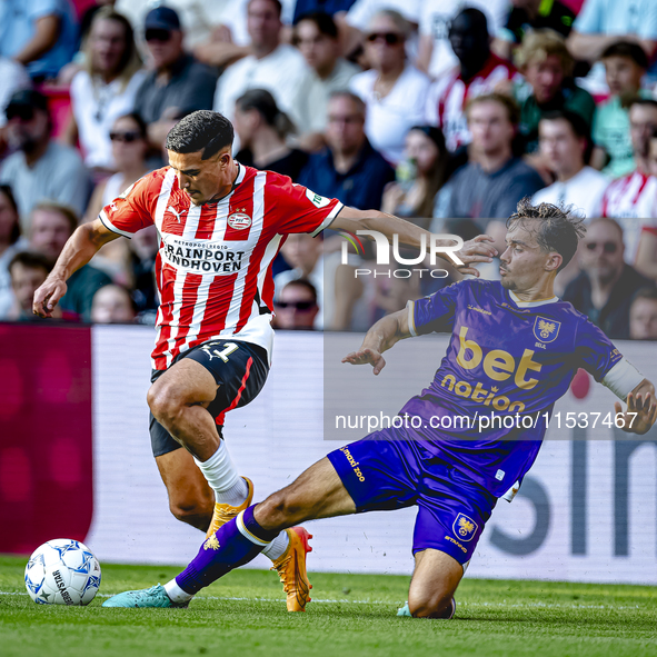 During the match between PSV and Go Ahead Eagles at the Philips Stadium for the Dutch Eredivisie 4th round season 2024-2025 in Eindhoven, Ne...