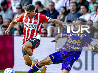 During the match between PSV and Go Ahead Eagles at the Philips Stadium for the Dutch Eredivisie 4th round season 2024-2025 in Eindhoven, Ne...