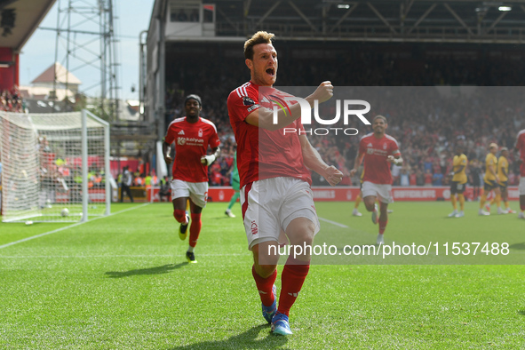 Chris Wood of Nottingham Forest celebrates after scoring a goal to make it 1-0 during the Premier League match between Nottingham Forest and...