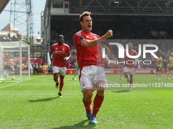 Chris Wood of Nottingham Forest celebrates after scoring a goal to make it 1-0 during the Premier League match between Nottingham Forest and...