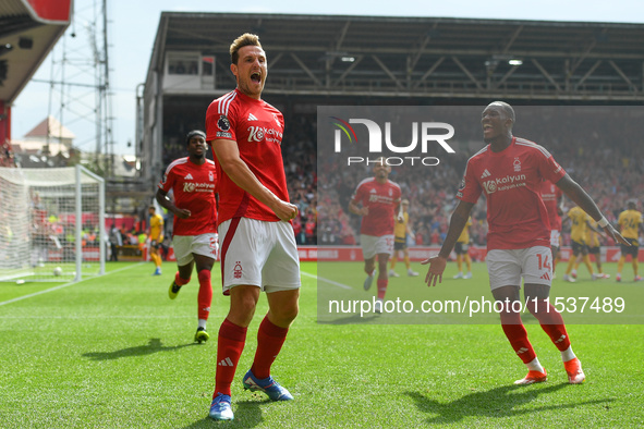 Chris Wood of Nottingham Forest celebrates after scoring a goal to make it 1-0 during the Premier League match between Nottingham Forest and...