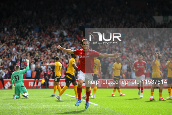 Chris Wood of Nottingham Forest celebrates after scoring a goal to make it 1-0 during the Premier League match between Nottingham Forest and...