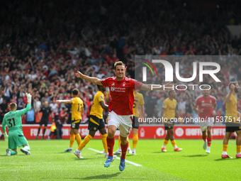 Chris Wood of Nottingham Forest celebrates after scoring a goal to make it 1-0 during the Premier League match between Nottingham Forest and...