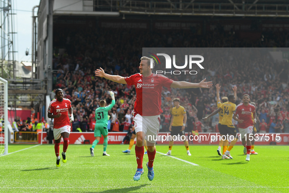 Chris Wood of Nottingham Forest celebrates after scoring a goal to make it 1-0 during the Premier League match between Nottingham Forest and...