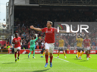 Chris Wood of Nottingham Forest celebrates after scoring a goal to make it 1-0 during the Premier League match between Nottingham Forest and...