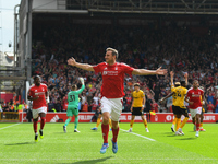 Chris Wood of Nottingham Forest celebrates after scoring a goal to make it 1-0 during the Premier League match between Nottingham Forest and...