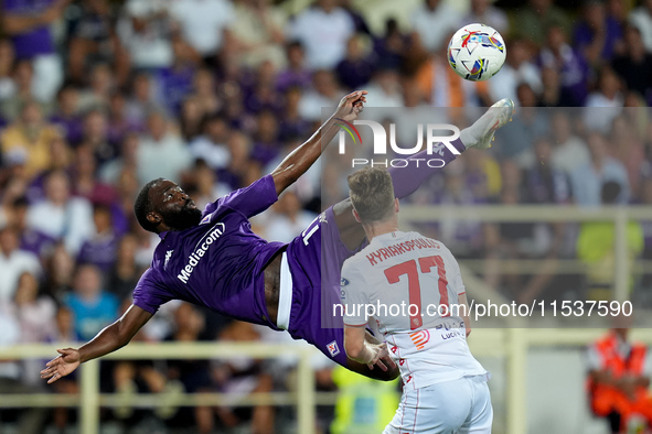 Jonathan Ikone of ACF Fiorentina tries to score second goal with a bicycle kick during the Serie A Enilive match between ACF Fiorentina and...