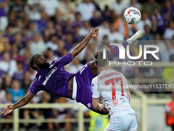 Jonathan Ikone of ACF Fiorentina tries to score second goal with a bicycle kick during the Serie A Enilive match between ACF Fiorentina and...