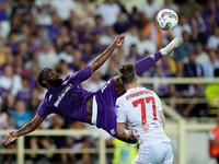 Jonathan Ikone of ACF Fiorentina tries to score second goal with a bicycle kick during the Serie A Enilive match between ACF Fiorentina and...