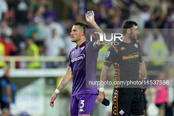 Cristiano Biraghi of ACF Fiorentina greets his fans during the Serie A Enilive match between ACF Fiorentina and AC Monza at Stadio Artemio F...