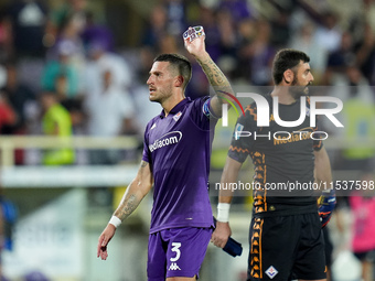 Cristiano Biraghi of ACF Fiorentina greets his fans during the Serie A Enilive match between ACF Fiorentina and AC Monza at Stadio Artemio F...