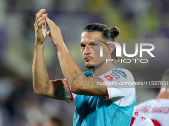 Milan Djuric of AC Monza applauds his supporters during the Serie A Enilive match between ACF Fiorentina and AC Monza at Stadio Artemio Fran...