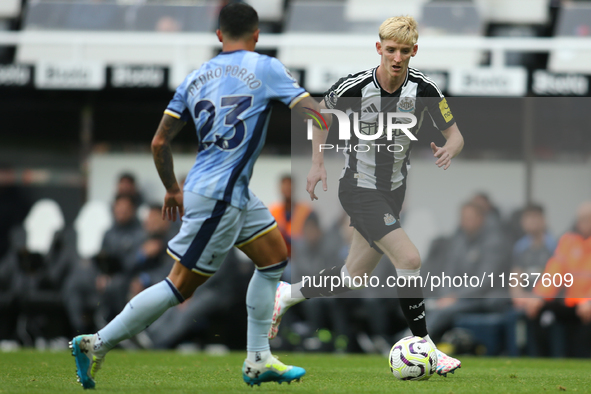 Newcastle United's Anthony Gordon takes on Tottenham Hotspur's Pedro Porro during the Premier League match between Newcastle United and Tott...