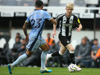 Newcastle United's Anthony Gordon takes on Tottenham Hotspur's Pedro Porro during the Premier League match between Newcastle United and Tott...