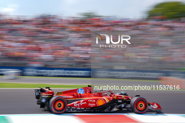 Carlos Sainz of Spain drives the (55) Scuderia Ferrari SF-24 during the Race of the Formula 1 Pirelli Gran Premio d'Italia 2024 in Monza, It...