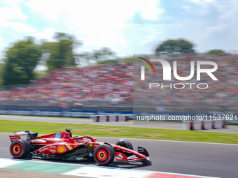 Charles Leclerc of Monaco drives the (16) Scuderia Ferrari SF-24 during the Race of the Formula 1 Pirelli Gran Premio d'Italia 2024 in Monza...