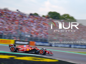 Carlos Sainz of Spain drives the (55) Scuderia Ferrari SF-24 during the Race of the Formula 1 Pirelli Gran Premio d'Italia 2024 in Monza, It...