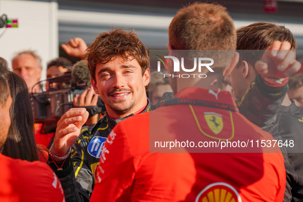 Charles Leclerc celebrates the win during the Race of the Formula 1 Pirelli Gran Premio d'Italia 2024 in Monza, Italy, on September 1, 2024....