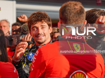 Charles Leclerc celebrates the win during the Race of the Formula 1 Pirelli Gran Premio d'Italia 2024 in Monza, Italy, on September 1, 2024....