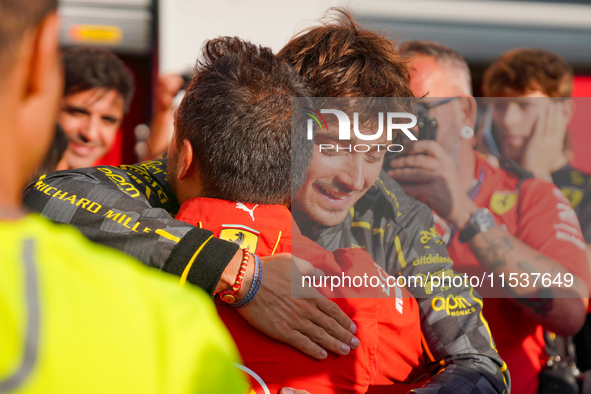 Charles Leclerc celebrates the win during the Race of the Formula 1 Pirelli Gran Premio d'Italia 2024 in Monza, Italy, on September 1, 2024....