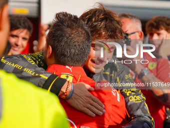 Charles Leclerc celebrates the win during the Race of the Formula 1 Pirelli Gran Premio d'Italia 2024 in Monza, Italy, on September 1, 2024....