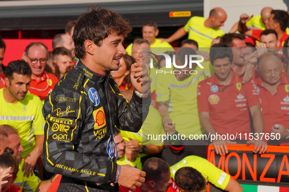 Charles Leclerc celebrates the win during the Race of the Formula 1 Pirelli Gran Premio d'Italia 2024 in Monza, Italy, on September 1, 2024....