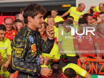 Charles Leclerc celebrates the win during the Race of the Formula 1 Pirelli Gran Premio d'Italia 2024 in Monza, Italy, on September 1, 2024....