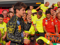 Charles Leclerc celebrates the win during the Race of the Formula 1 Pirelli Gran Premio d'Italia 2024 in Monza, Italy, on September 1, 2024....