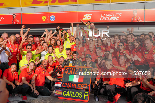 Scuderia Ferrari celebrates the win of the race with Charles Leclerc and Carlos Sainz during the Race of the Formula 1 Pirelli Gran Premio d...