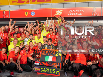 Scuderia Ferrari celebrates the win of the race with Charles Leclerc and Carlos Sainz during the Race of the Formula 1 Pirelli Gran Premio d...