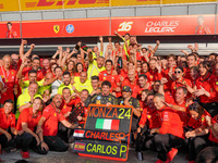 Scuderia Ferrari celebrates the win of the race with Charles Leclerc and Carlos Sainz during the Race of the Formula 1 Pirelli Gran Premio d...