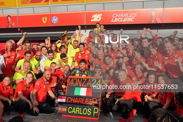 Scuderia Ferrari celebrates the win of the race with Charles Leclerc and Carlos Sainz during the Race of the Formula 1 Pirelli Gran Premio d...