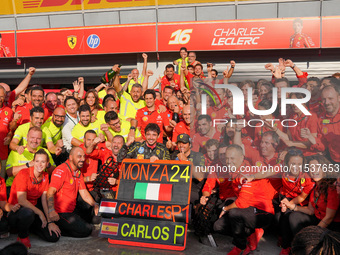 Scuderia Ferrari celebrates the win of the race with Charles Leclerc and Carlos Sainz during the Race of the Formula 1 Pirelli Gran Premio d...