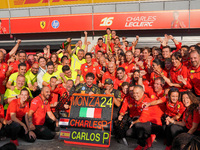 Scuderia Ferrari celebrates the win of the race with Charles Leclerc and Carlos Sainz during the Race of the Formula 1 Pirelli Gran Premio d...