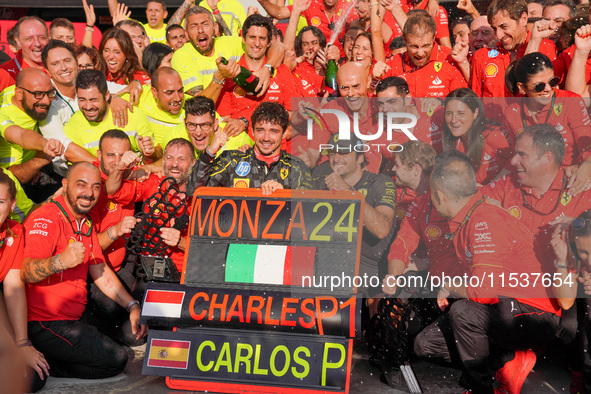 Scuderia Ferrari celebrates the win of the race with Charles Leclerc and Carlos Sainz during the Race of the Formula 1 Pirelli Gran Premio d...