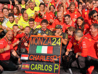 Scuderia Ferrari celebrates the win of the race with Charles Leclerc and Carlos Sainz during the Race of the Formula 1 Pirelli Gran Premio d...