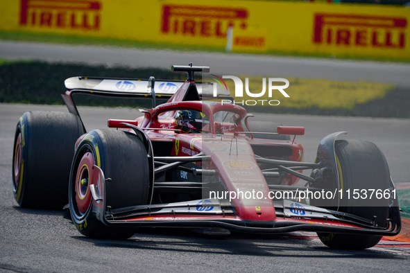 Charles Leclerc of Monaco drives the (16) Scuderia Ferrari SF-24 during the Race of the Formula 1 Pirelli Gran Premio d'Italia 2024 in Monza...