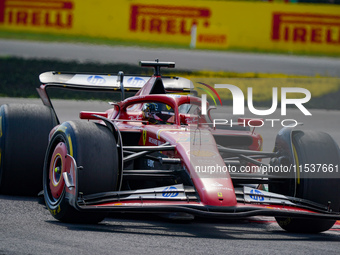 Charles Leclerc of Monaco drives the (16) Scuderia Ferrari SF-24 during the Race of the Formula 1 Pirelli Gran Premio d'Italia 2024 in Monza...