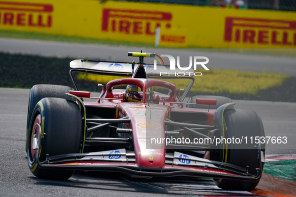 Carlos Sainz of Spain drives the (55) Scuderia Ferrari SF-24 during the Race of the Formula 1 Pirelli Gran Premio d'Italia 2024 in Monza, It...